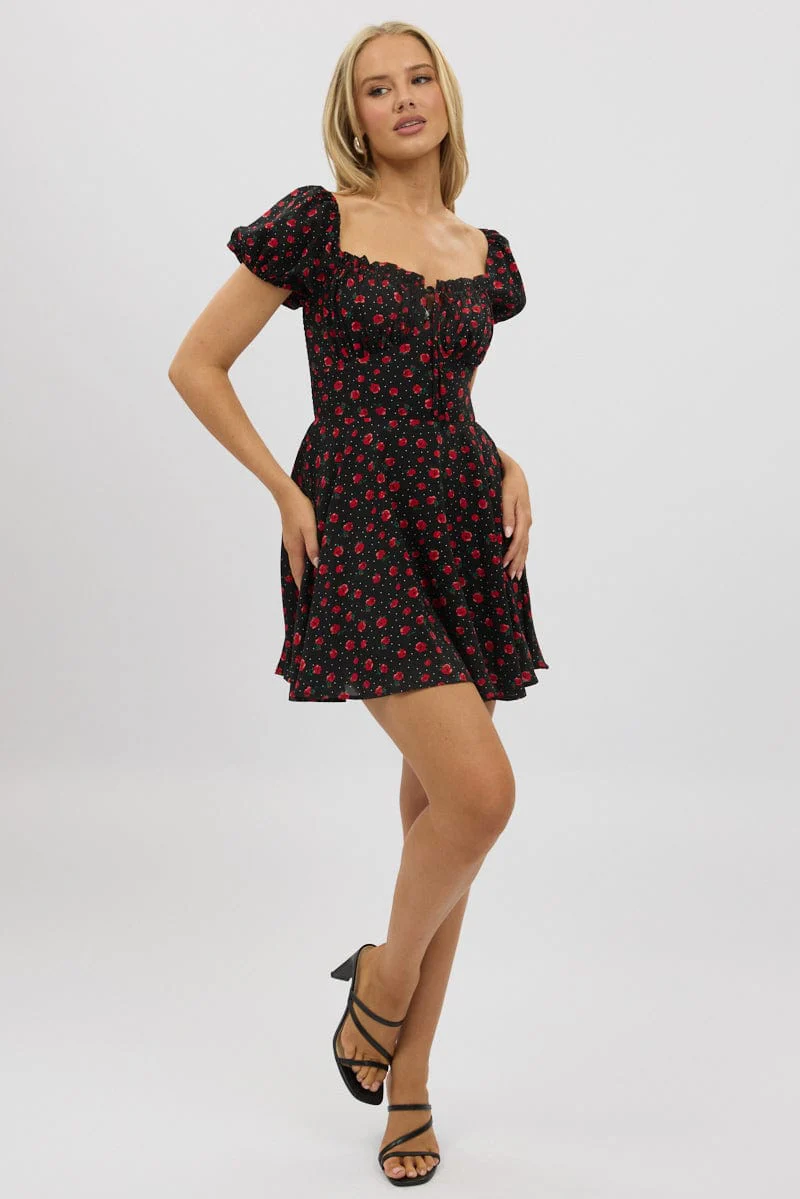 Black Ditsy Fit And Flare Dress Mini - Image 2