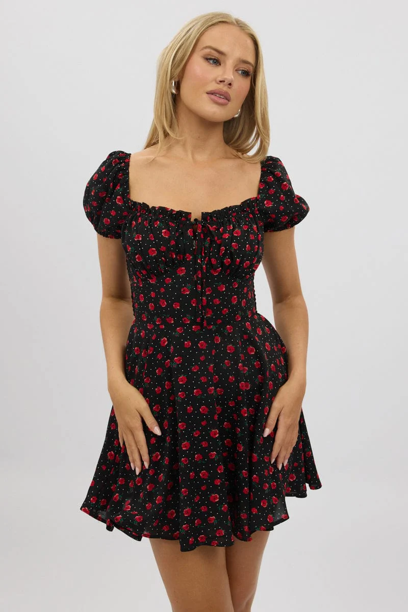 Black Ditsy Fit And Flare Dress Mini - Image 3