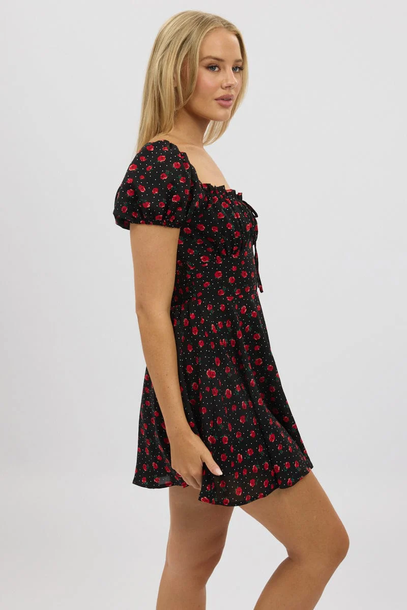 Black Ditsy Fit And Flare Dress Mini - Image 4