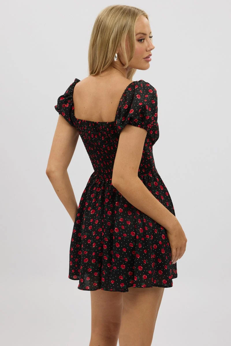 Black Ditsy Fit And Flare Dress Mini - Image 5