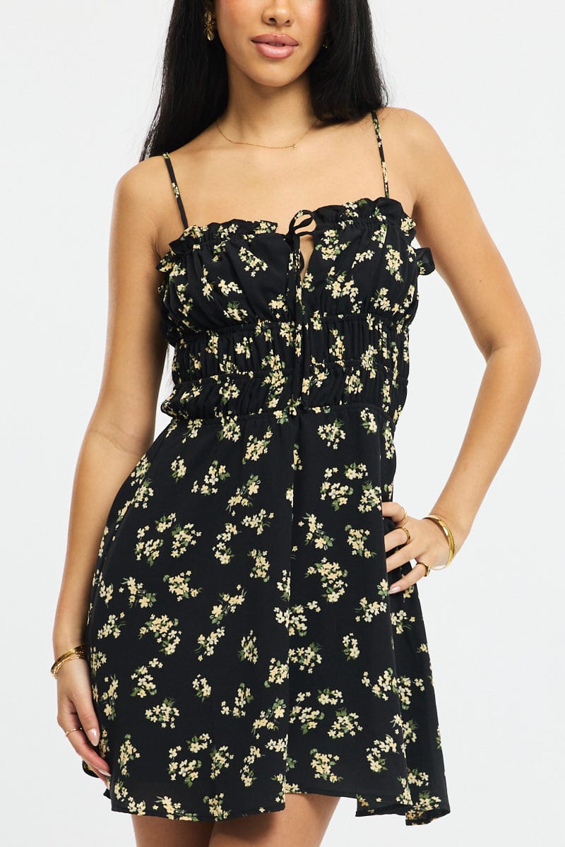 Black Ditsy Fit And Flare Dress Mini - Image 5