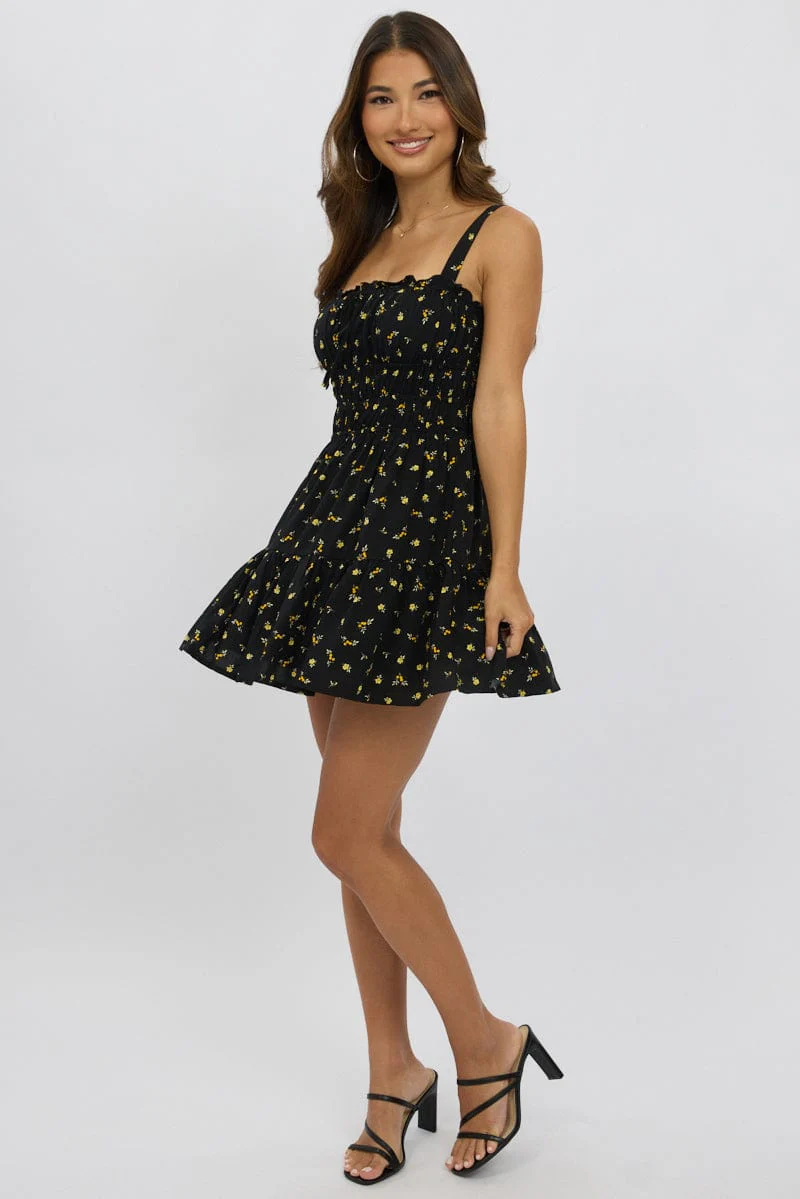 Black Ditsy Fit And Flare Dress Mini - Image 2