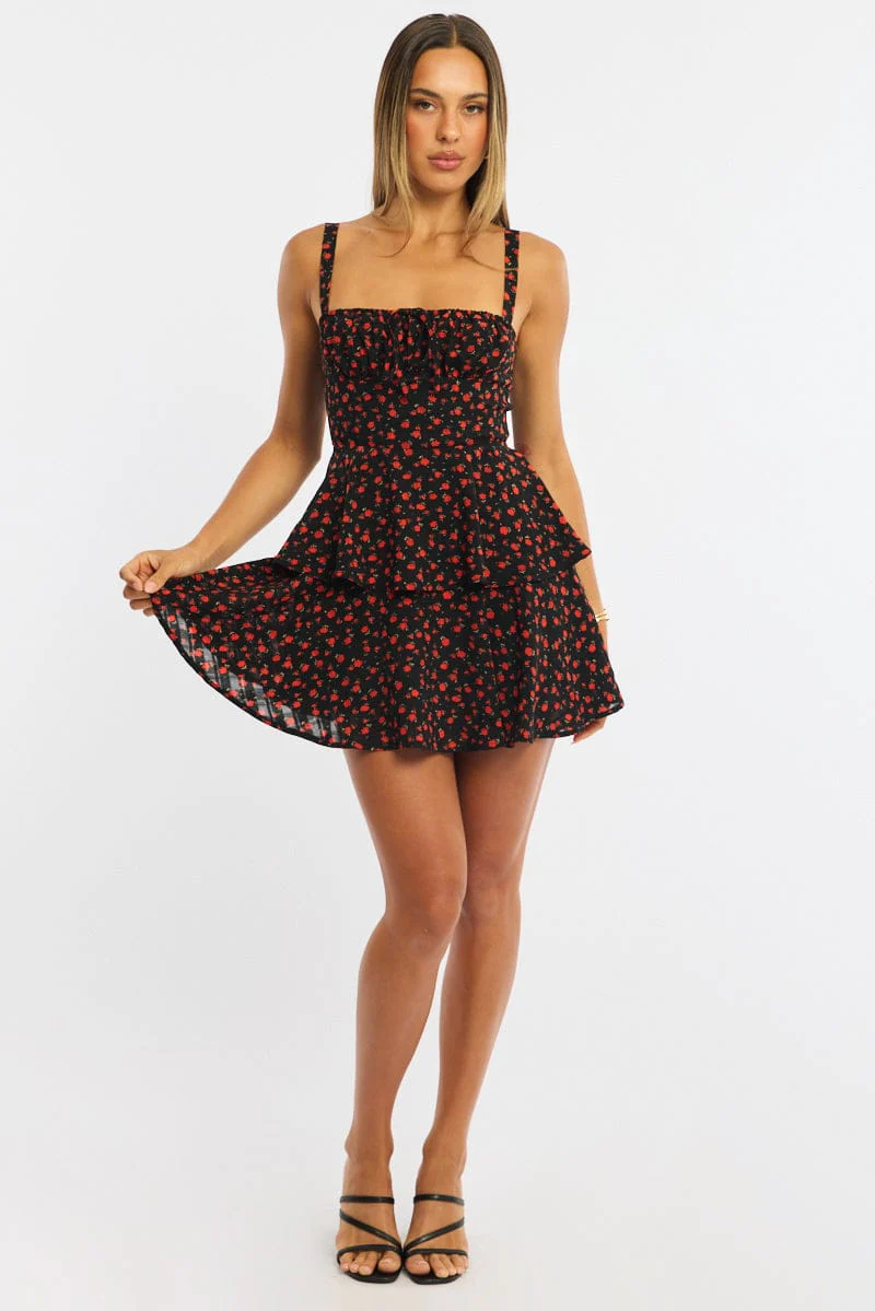 Black Ditsy Fit And Flare Dress Square Neck Mini - Image 2