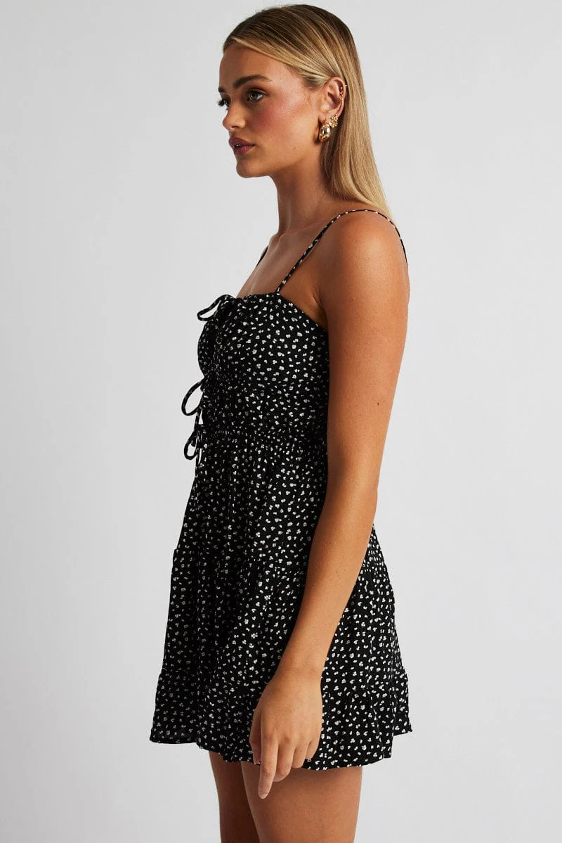 Black Ditsy Fit And Flare Dress Strappy - Image 4