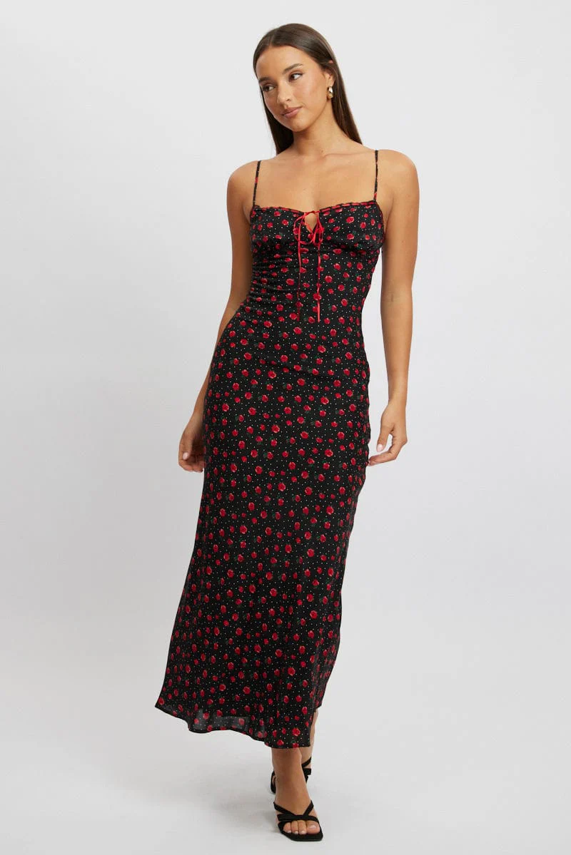 Black Ditsy Maxi Dress Lace Satin Tape - Image 2