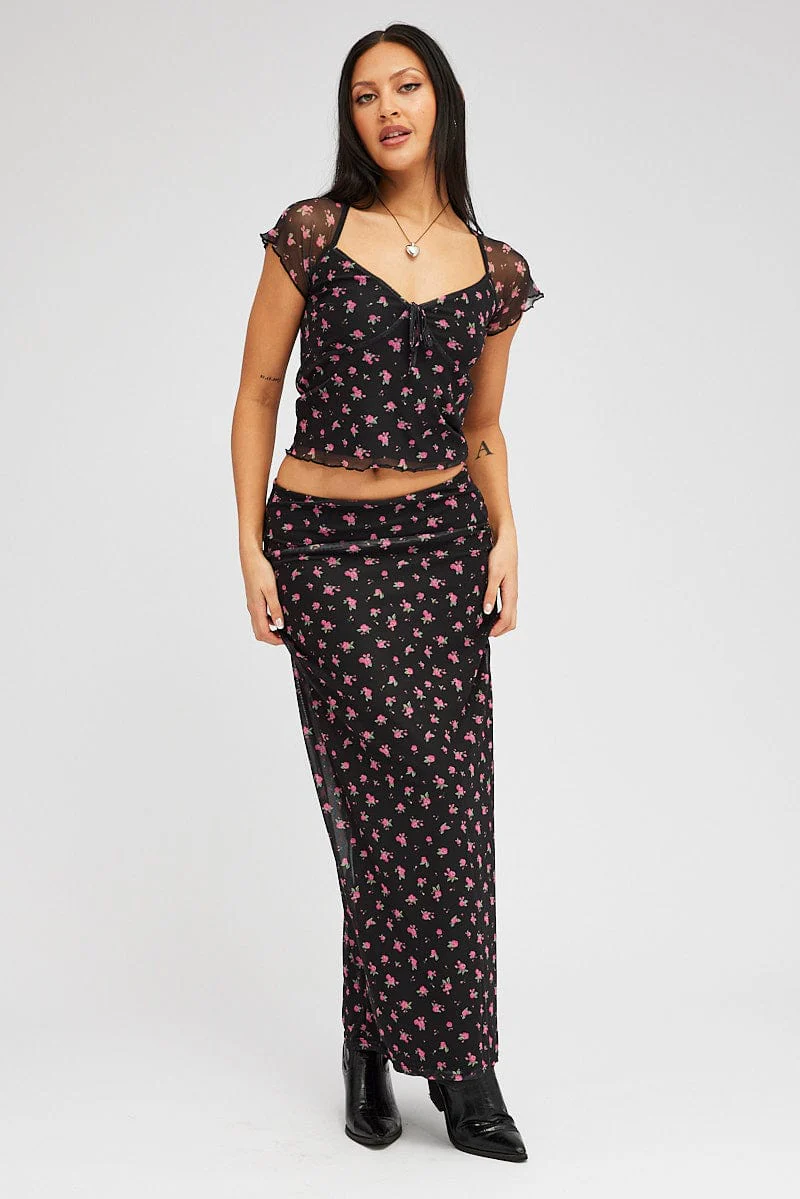 Black Ditsy Mesh Top Short Sleeve - Image 2