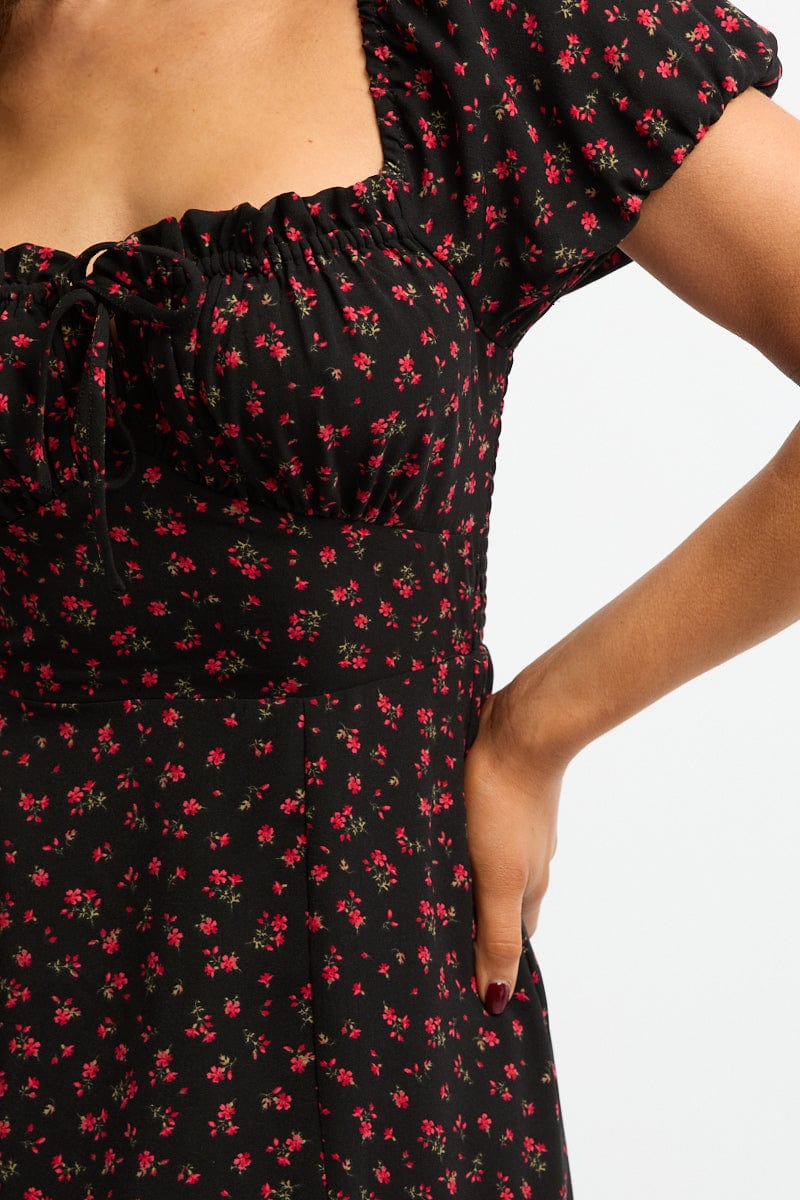 Black Ditsy Midi Dress Puff Sleeve - Image 5