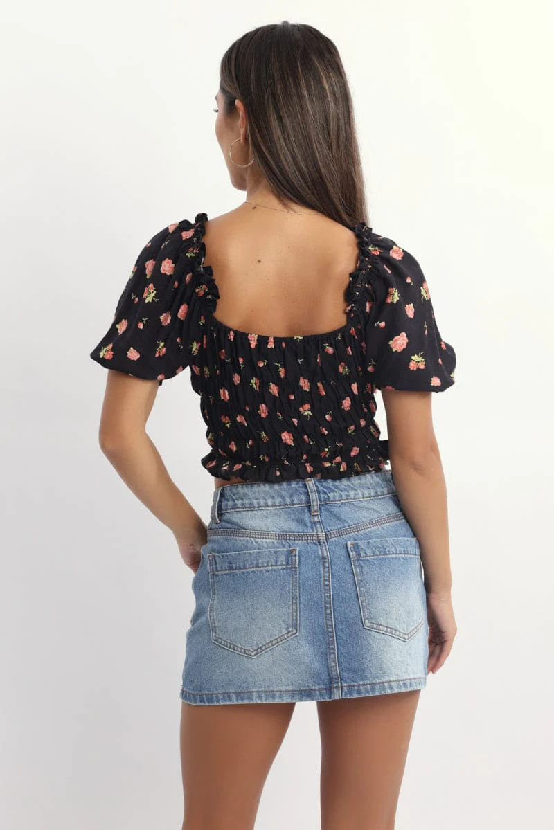 Black Ditsy Shirred Top Short Sleeve Square Neck Frill Details - Image 4