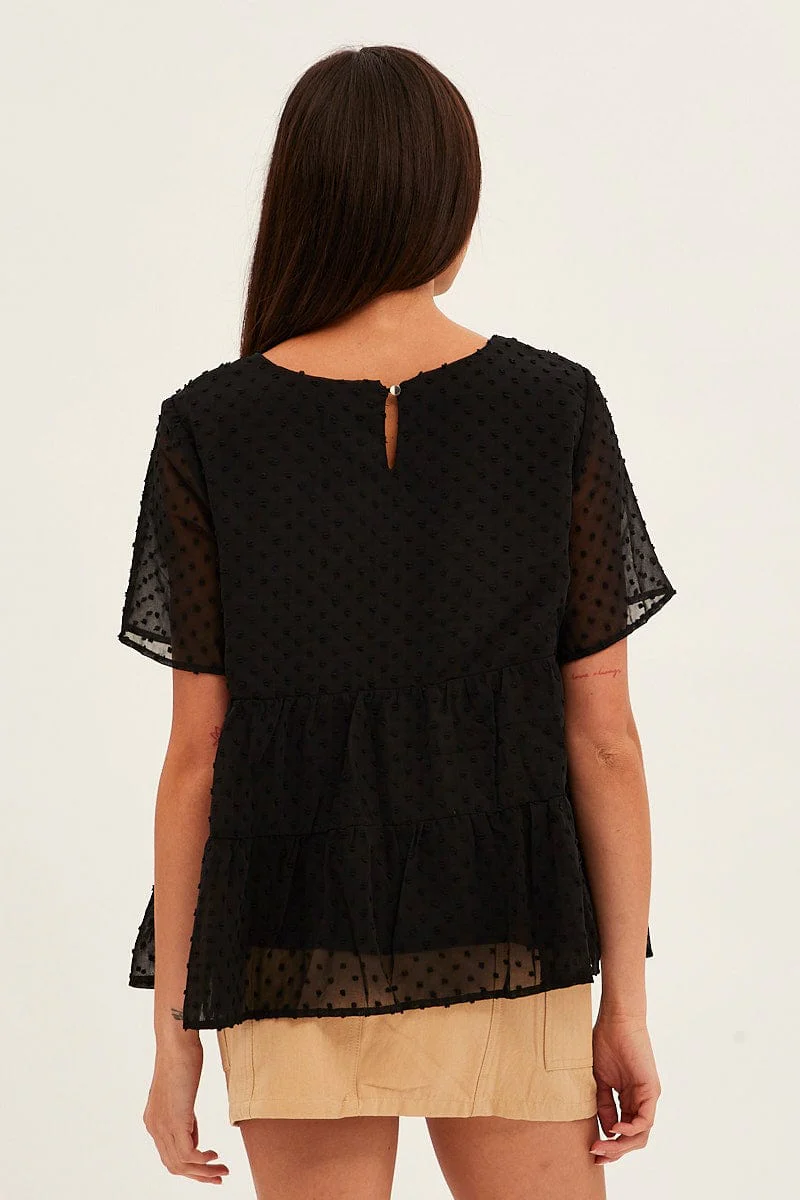 Black Dobby Chiffon Flutter Sleeve Tiered Hem Top - Image 5