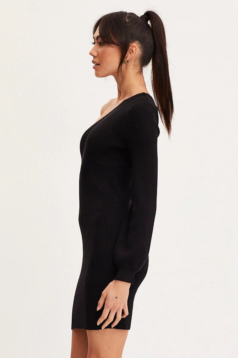 Black Dress One Shoulder Mini Knit - Image 4
