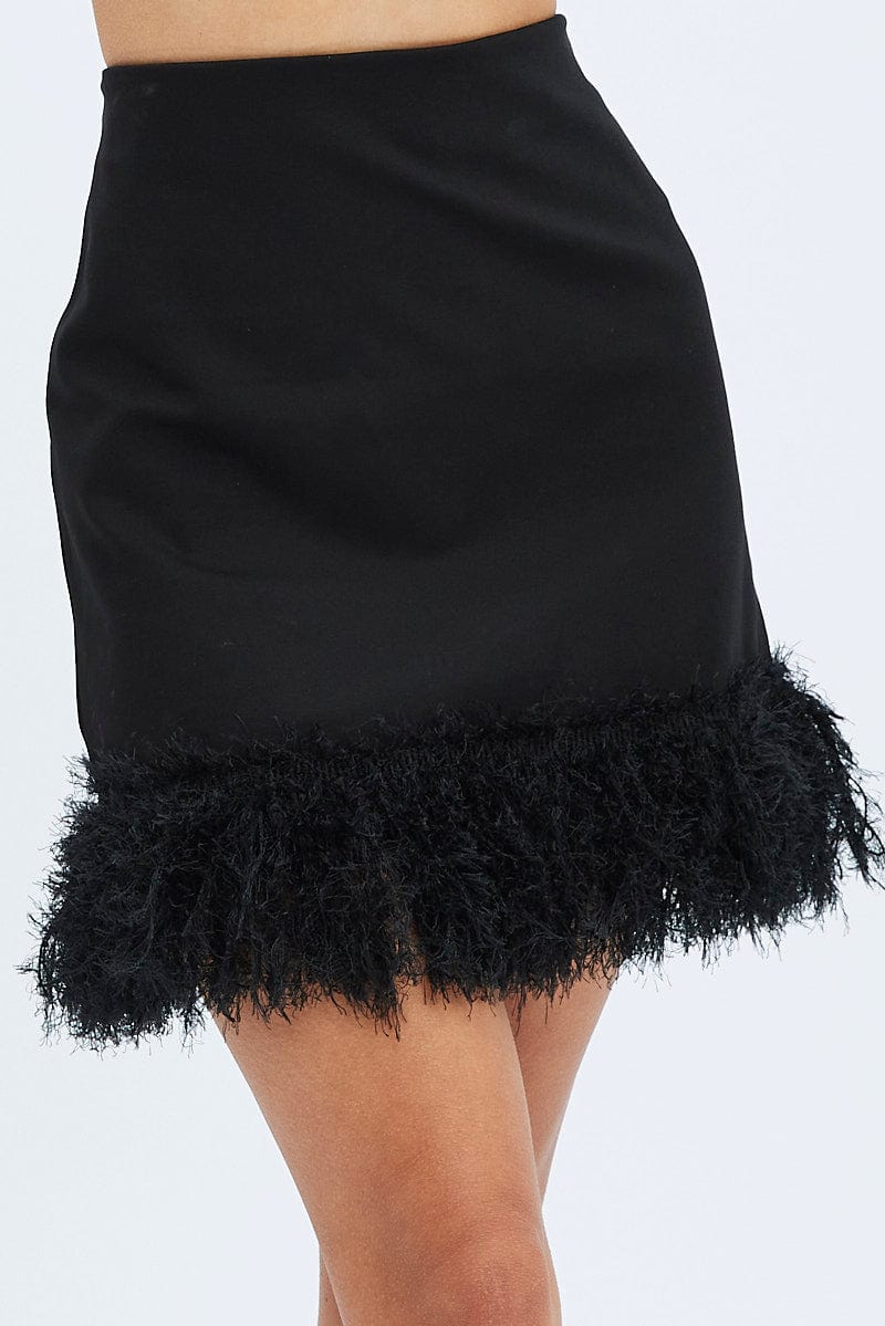 Black Faux Feather Trim Bodycon Mini Skirt - Image 2