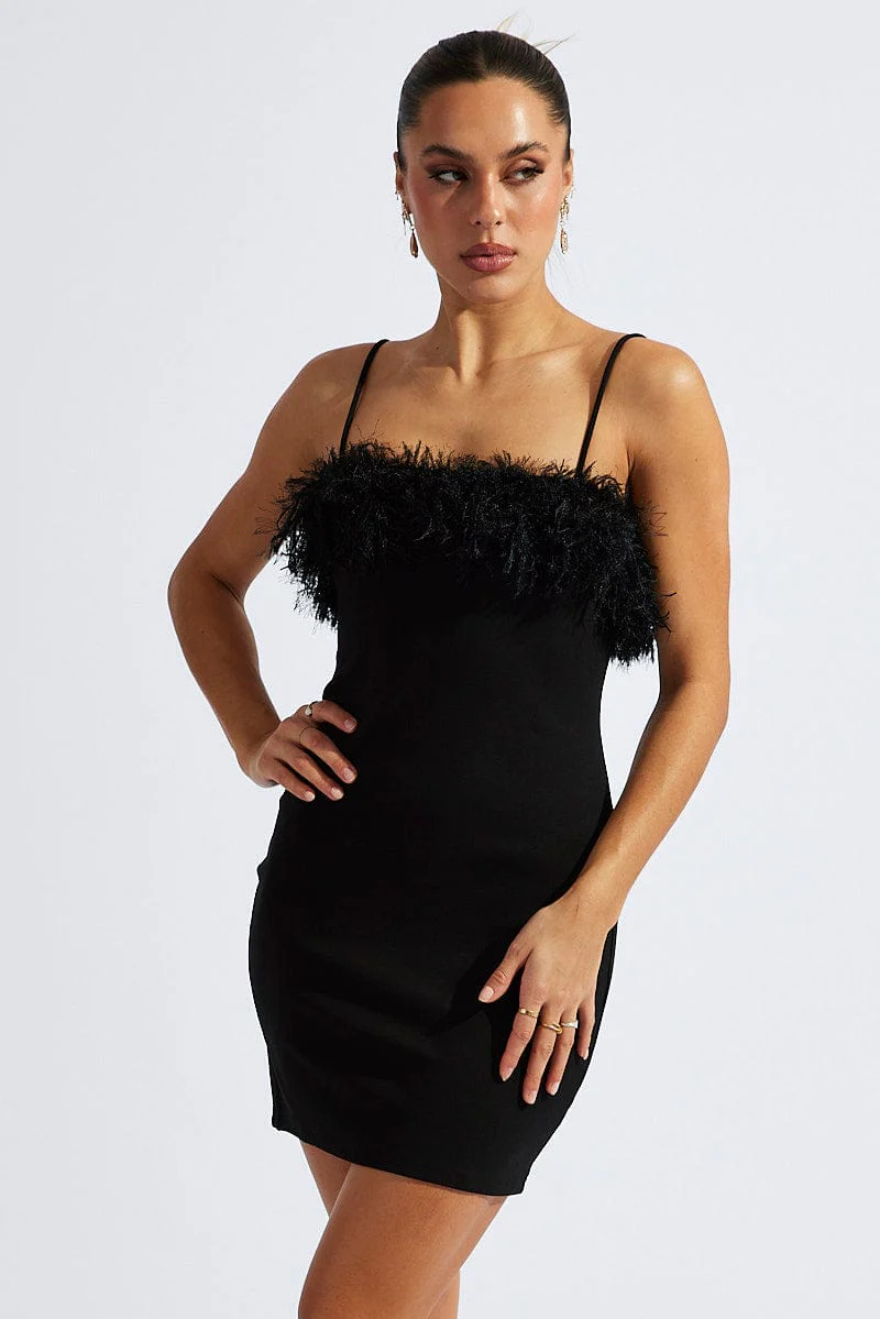 Black Faux Feather Trim Bodycon Strappy Mini Dress - Image 3