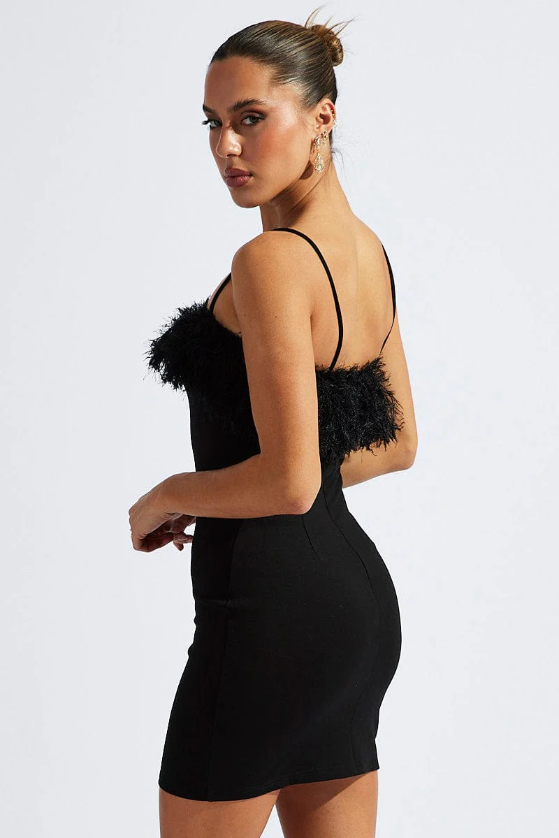Black Faux Feather Trim Bodycon Strappy Mini Dress - Image 4
