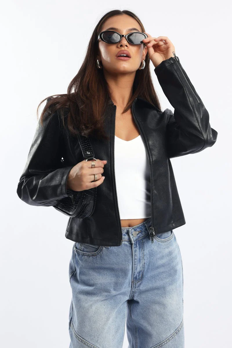 Black Faux Leather Jacket Long Sleeve - Image 2