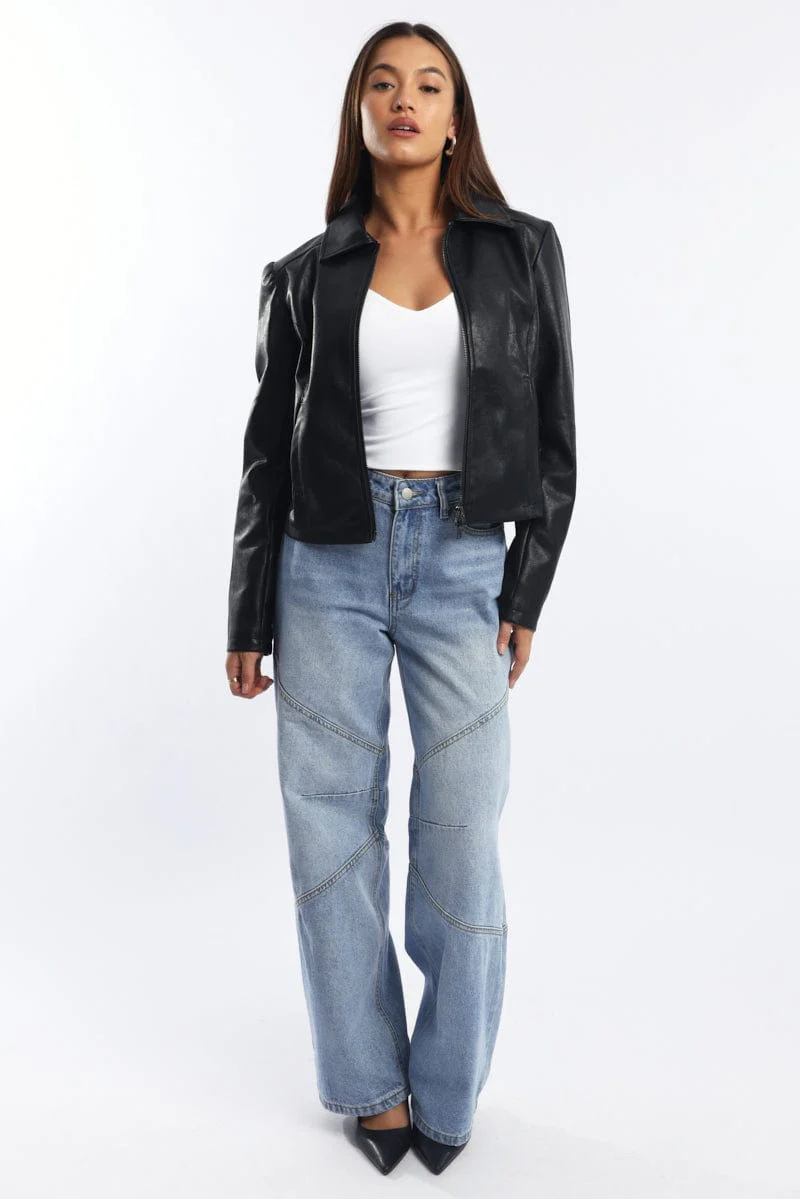 Black Faux Leather Jacket Long Sleeve - Image 3