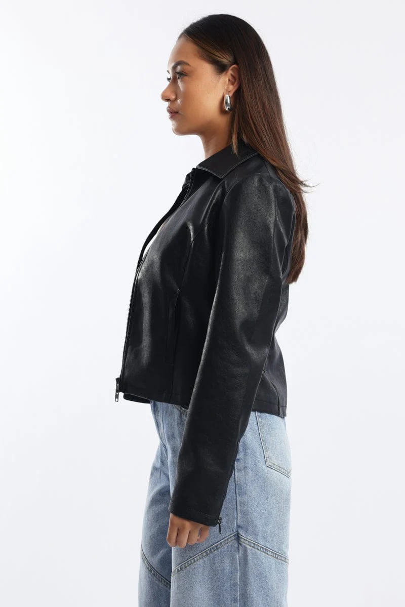Black Faux Leather Jacket Long Sleeve - Image 4