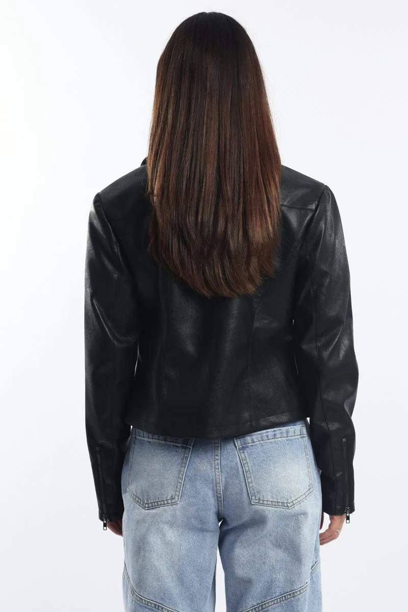 Black Faux Leather Jacket Long Sleeve - Image 5