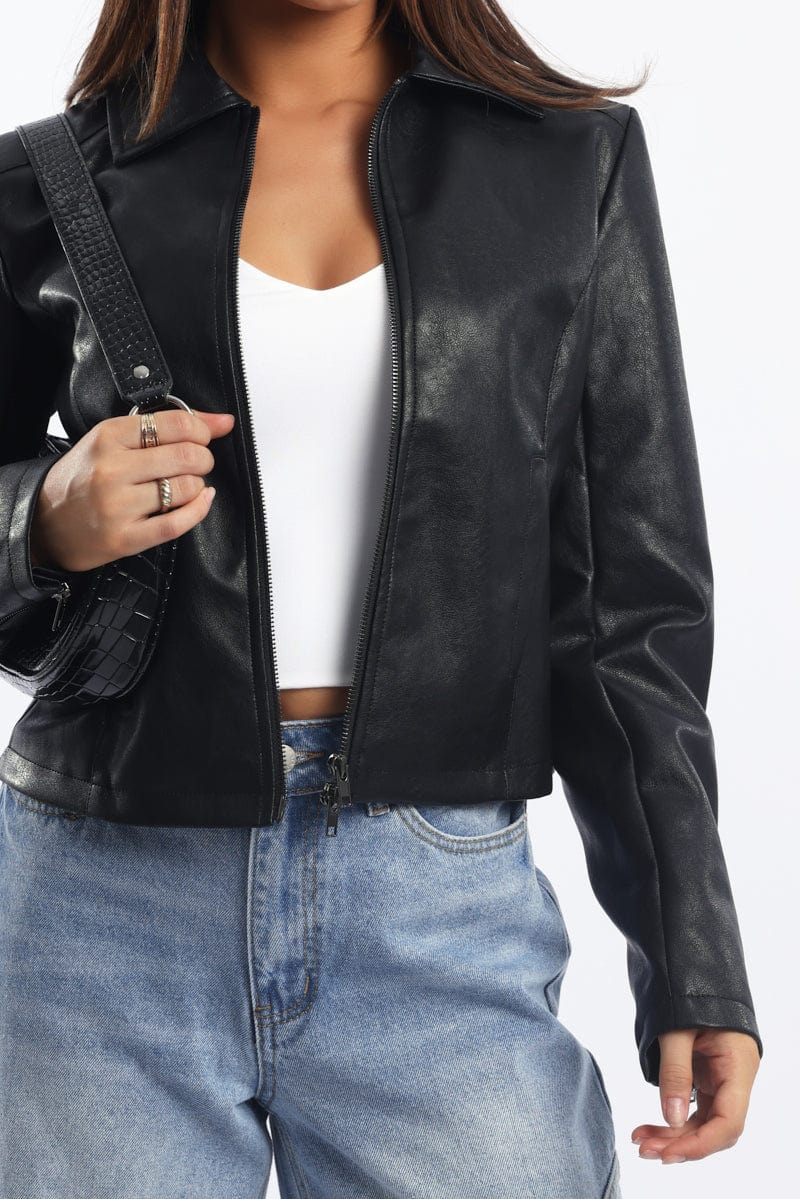 Black Faux Leather Jacket Long Sleeve - Image 6