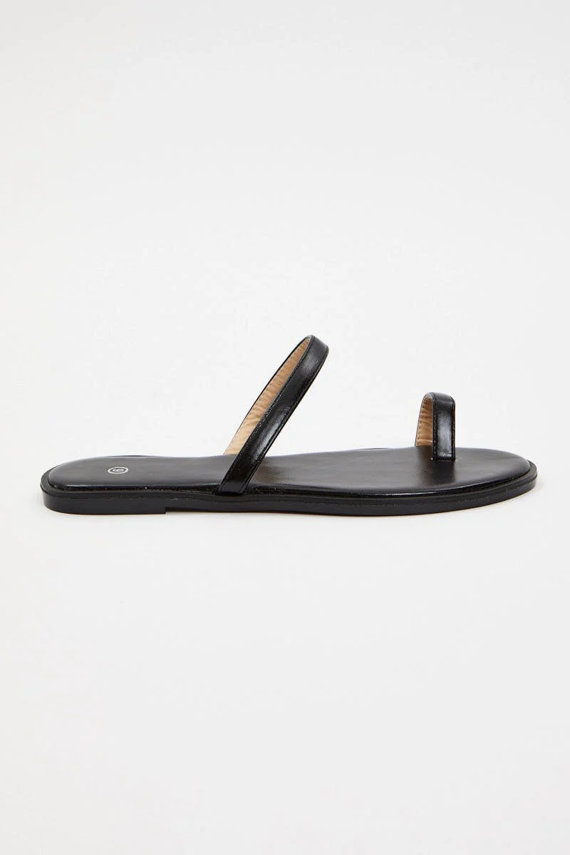Black Faux Leather Minimal Flat Slides - Image 2