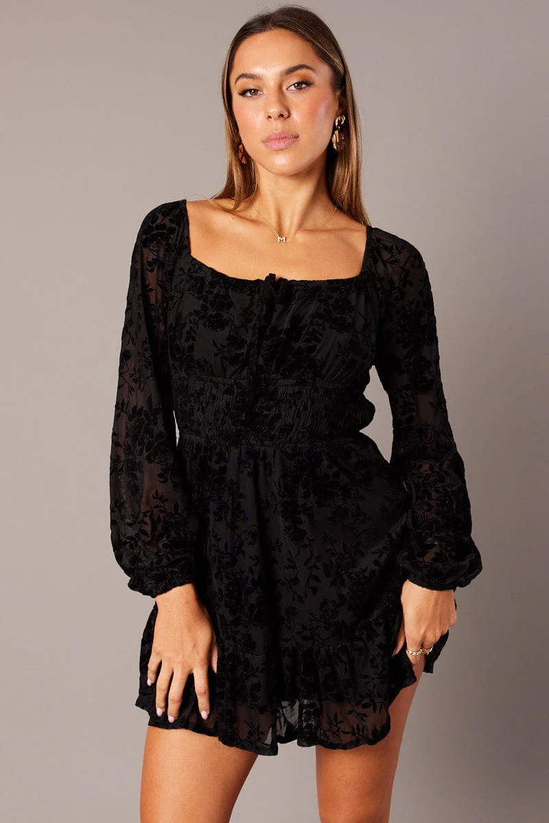 Black Fit and Flare Dress Long Sleeve Burn Out - Image 3