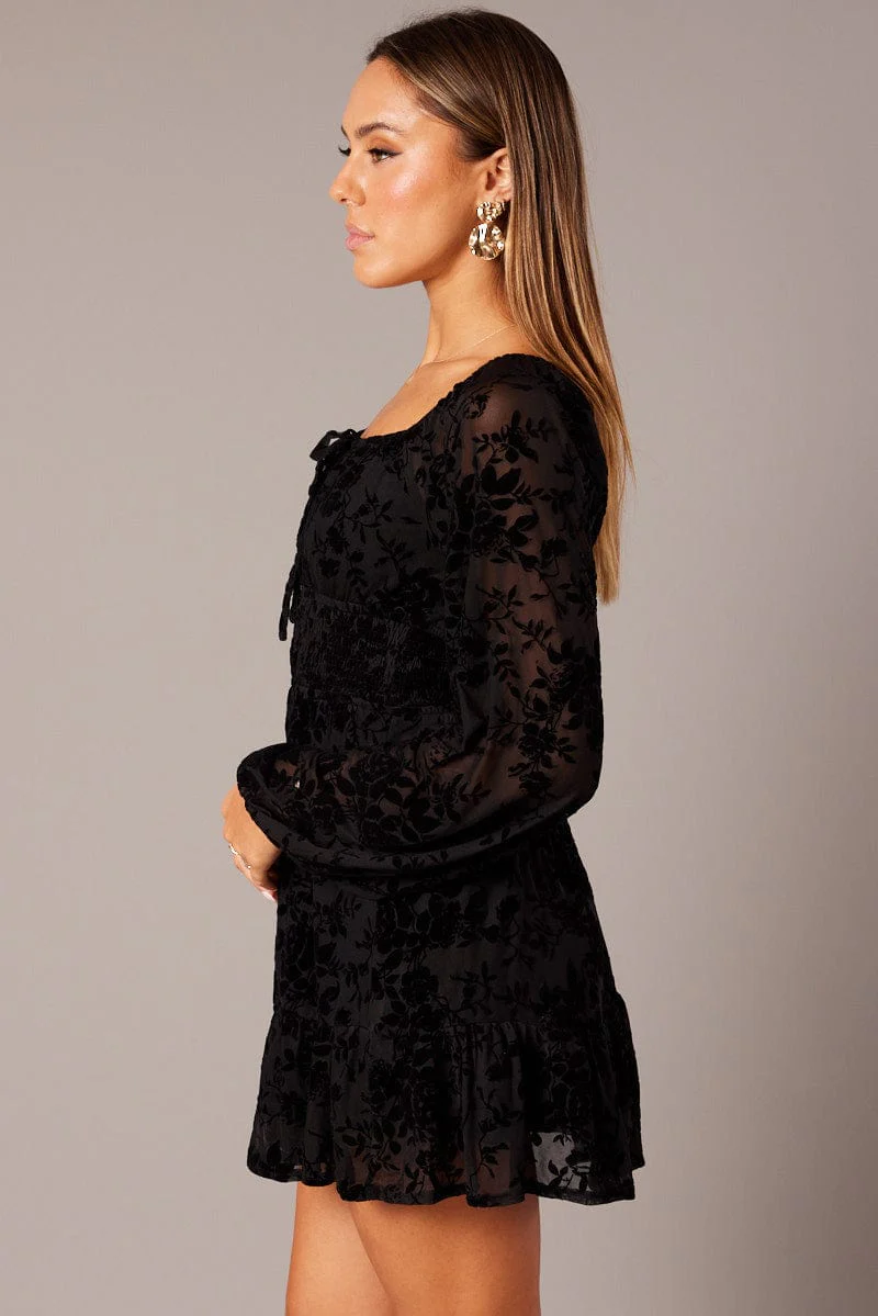 Black Fit and Flare Dress Long Sleeve Burn Out - Image 4