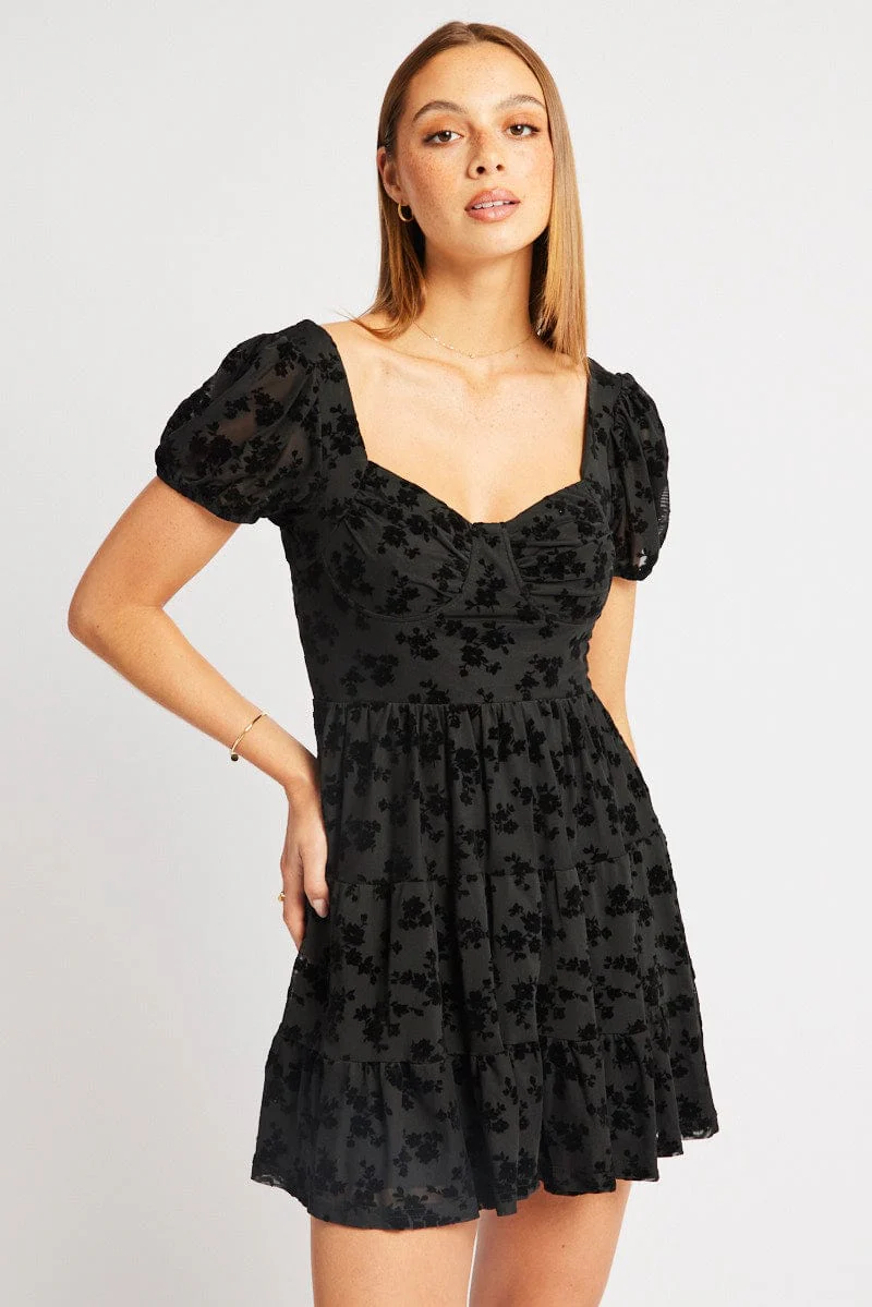Black Fit And Flare Dress Mini Burn Out - Image 2