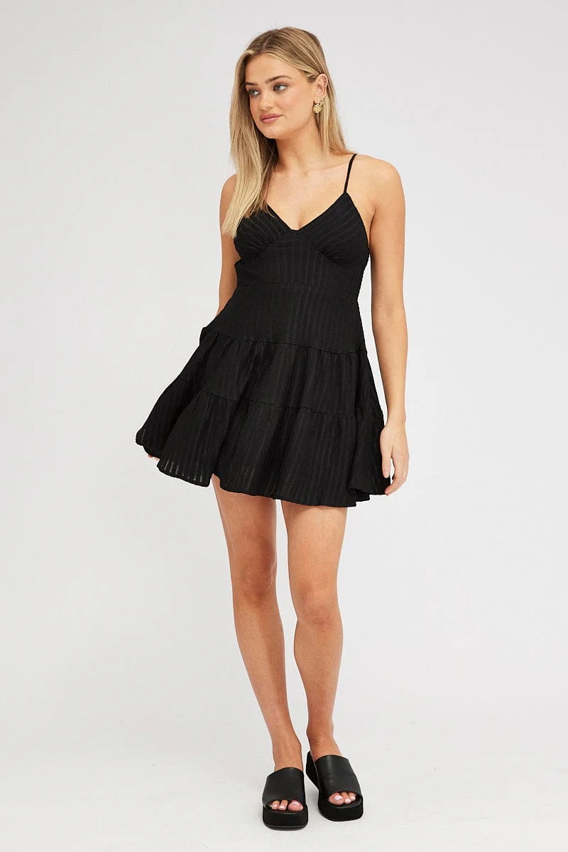 Black Fit And Flare Dress Mini Textured Fabric - Image 2