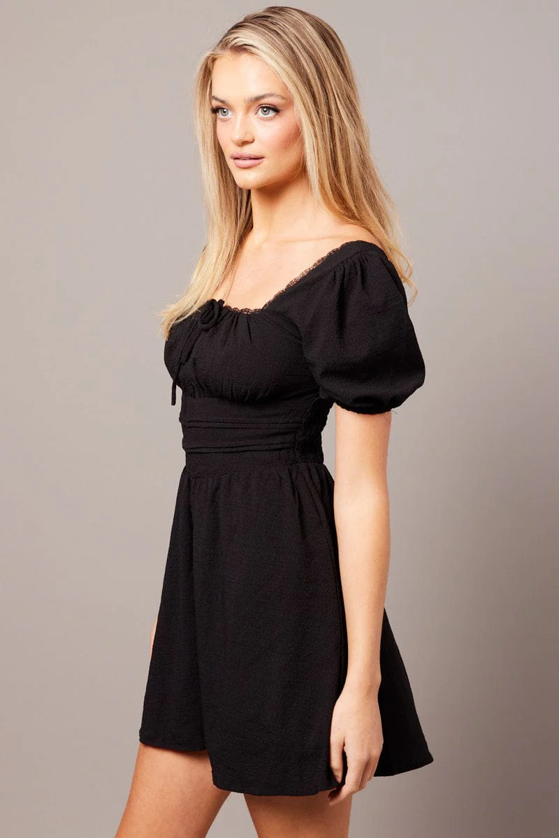 Black Fit And Flare Dress Puff Sleeve - Image 4