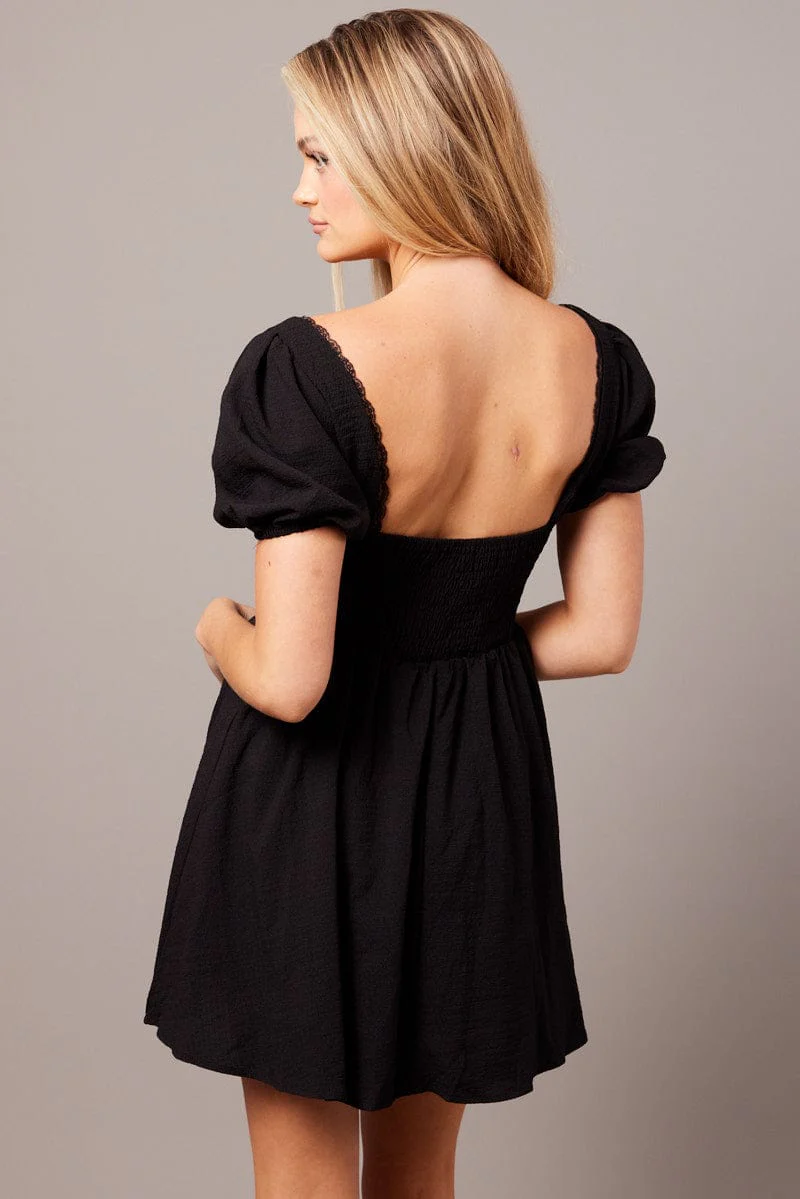 Black Fit And Flare Dress Puff Sleeve - Image 5
