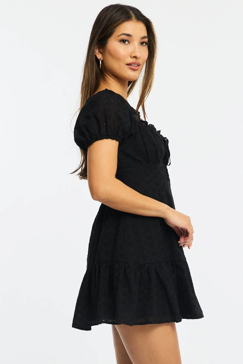 Black Fit And Flare Dress Puff Sleeve Eyelet Fabric - Image 3