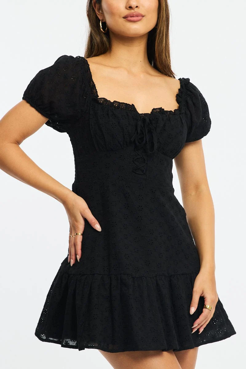 Black Fit And Flare Dress Puff Sleeve Eyelet Fabric - Image 5