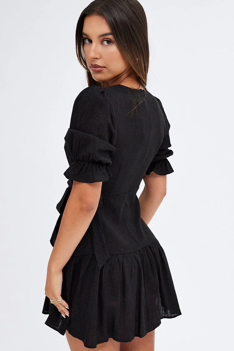 Black Fit And Flare Dress Puff Sleeve Linen Blend - Image 5