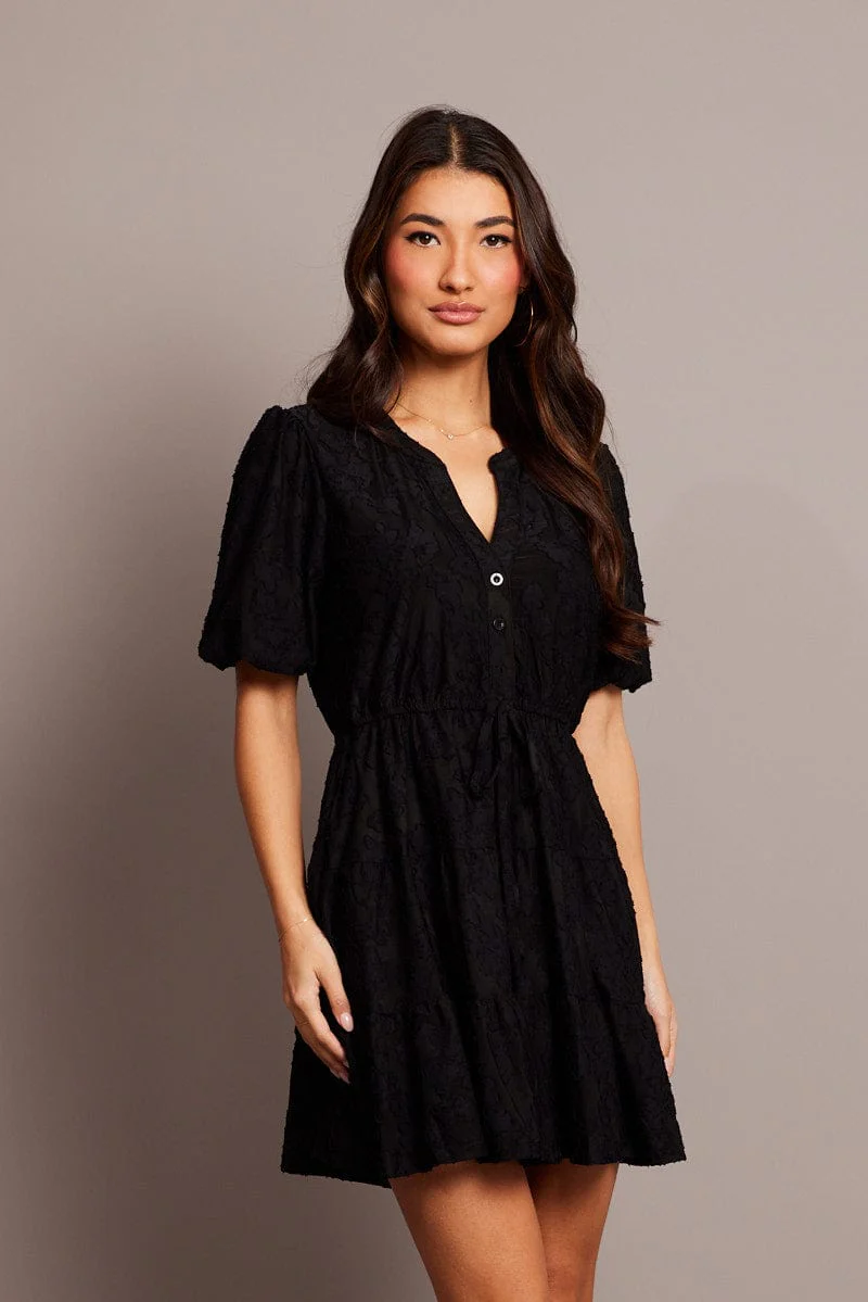 Black Fit And Flare Dress Puff Sleeve Mini Burnout - Image 3