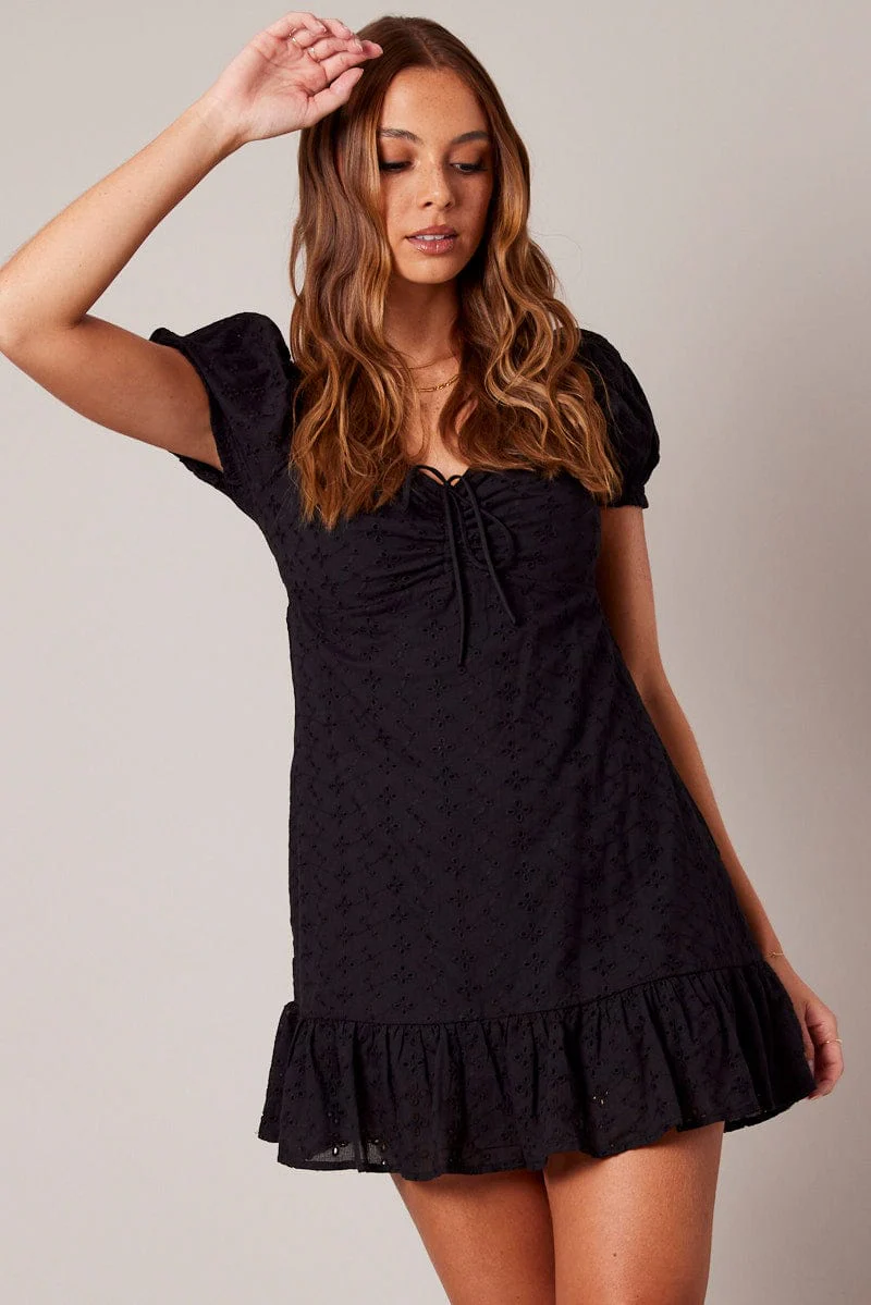 Black Fit And Flare Dress Puff Sleeve Mini - Image 3