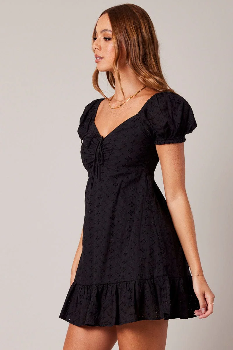 Black Fit And Flare Dress Puff Sleeve Mini - Image 4