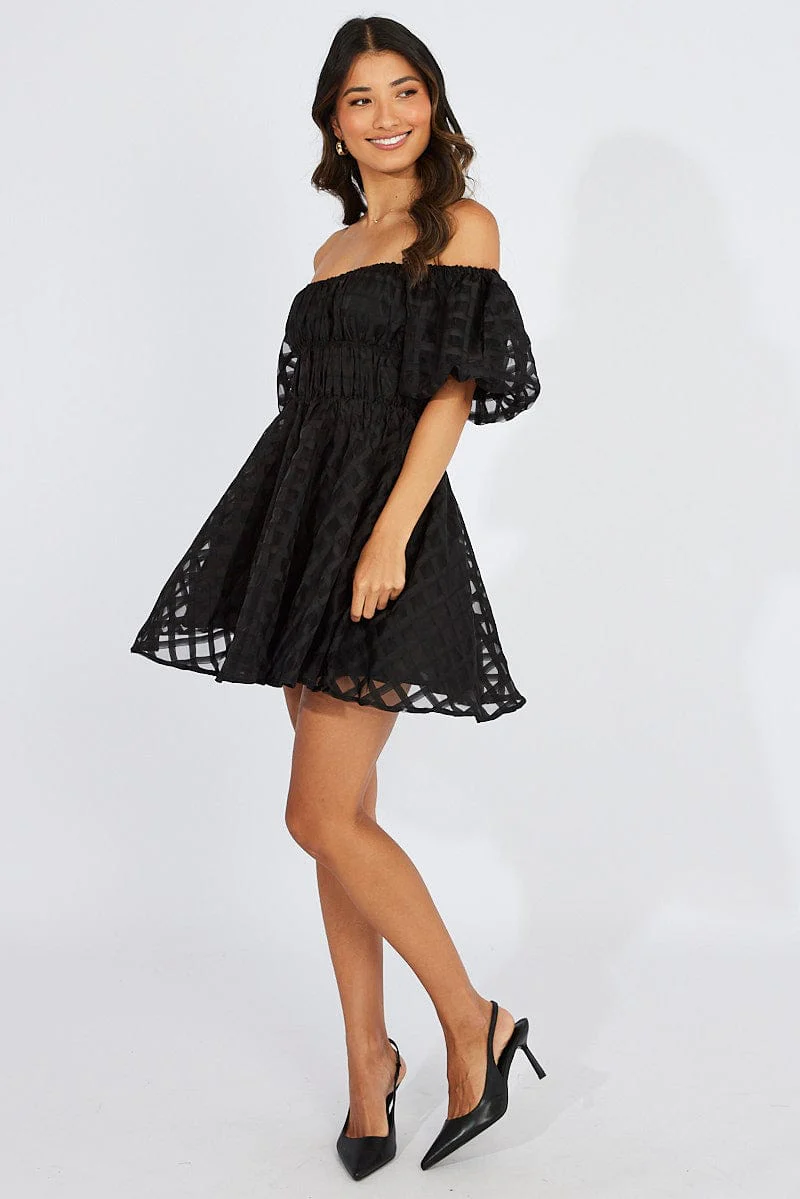 Black Fit And Flare Dress Puff Sleeve Mini - Image 2
