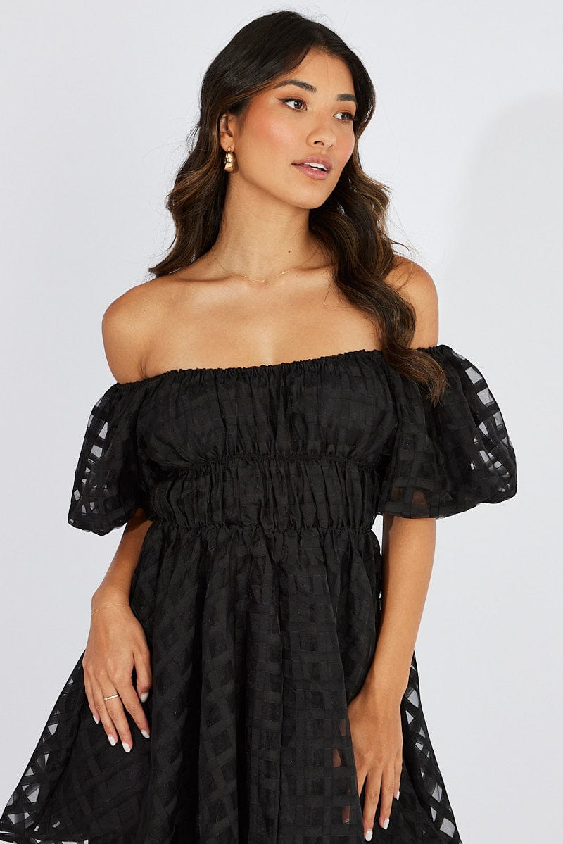 Black Fit And Flare Dress Puff Sleeve Mini - Image 3
