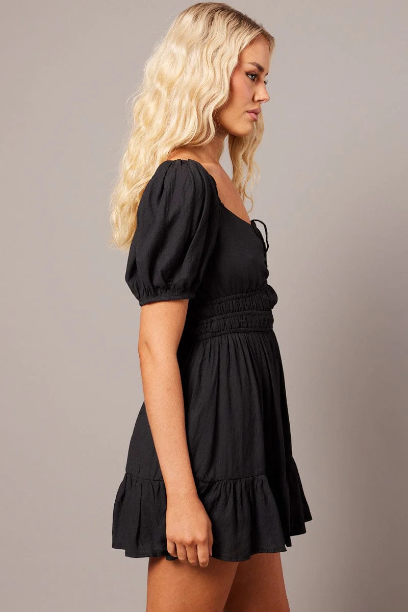 Black Fit And Flare Dress Puff Sleeve Mini - Image 4