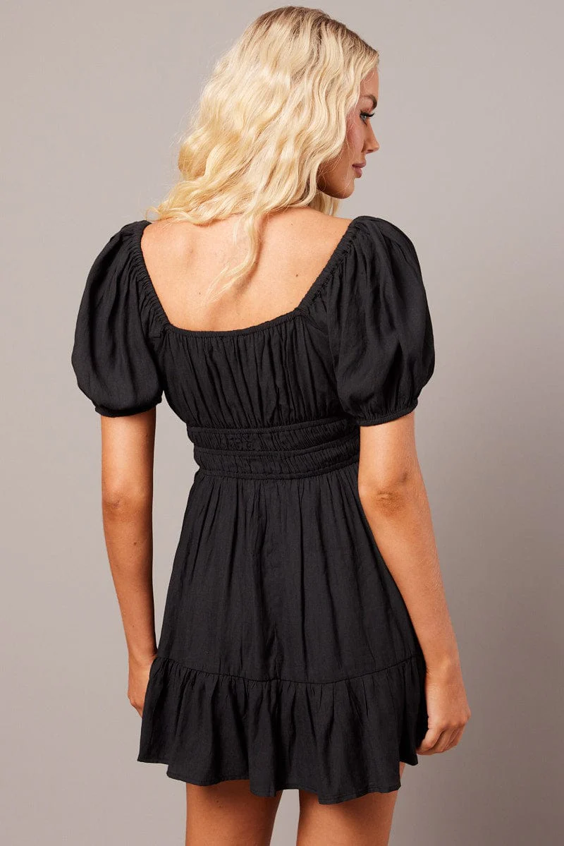 Black Fit And Flare Dress Puff Sleeve Mini - Image 5