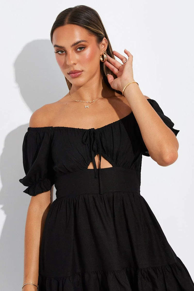 Black Fit and Flare Dress Short Sleeve Linen Blend - Image 3