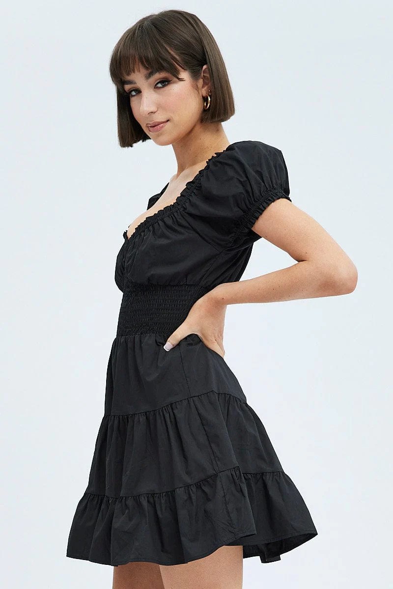 Black Fit and Flare Dress Short Sleeve Shirred - Image 4