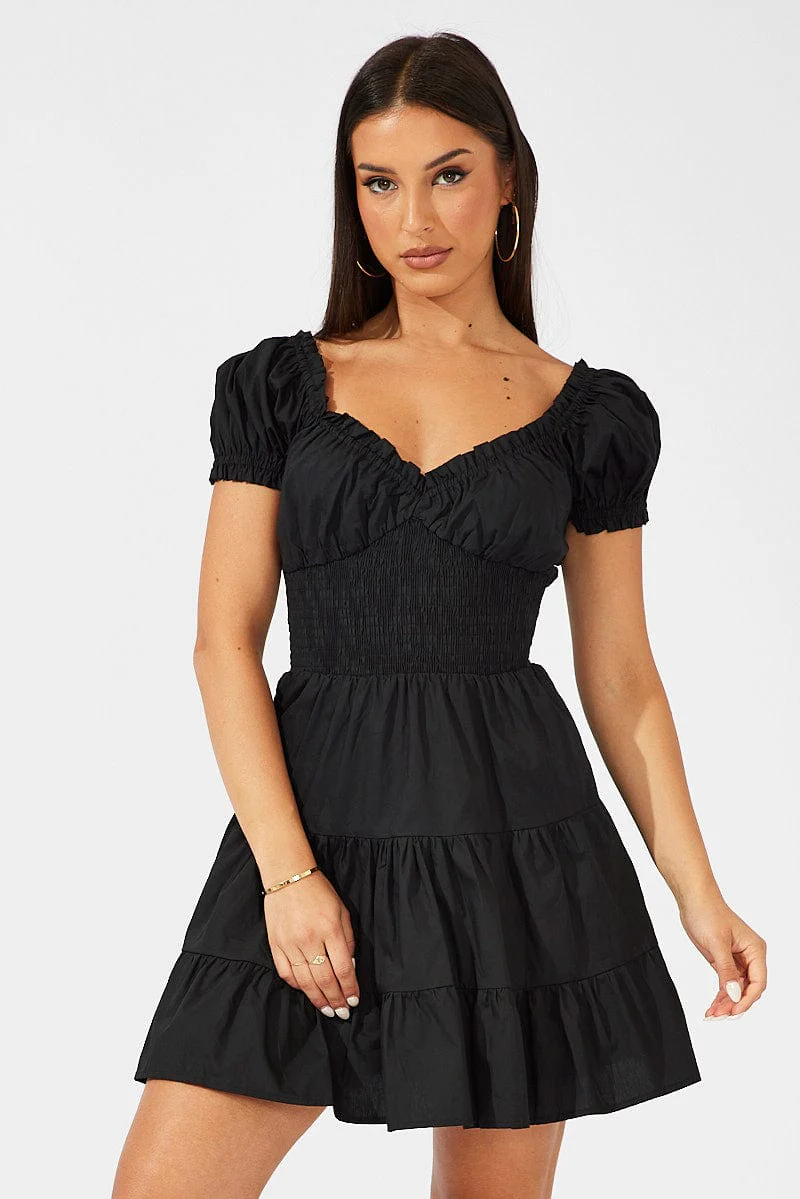 Black Fit and Flare Dress Short Sleeve Shirred Waist - Image 3