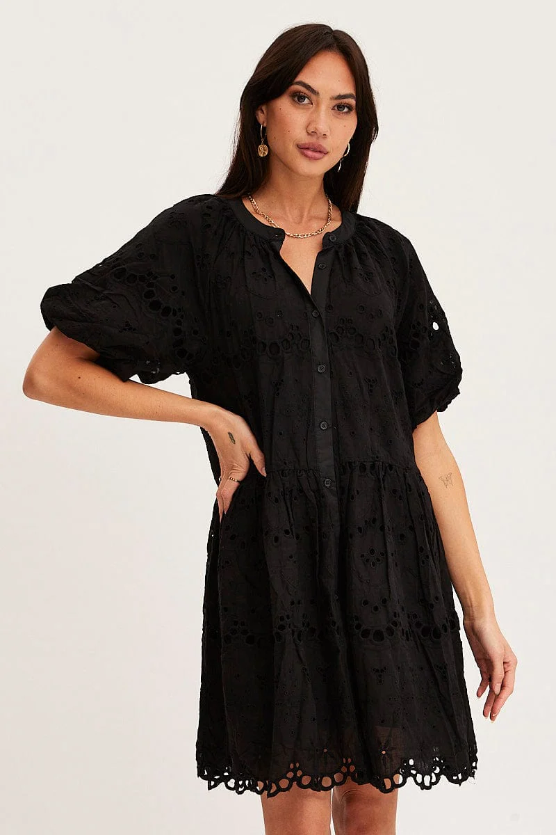 Black Fit And Flare Dress Short Sleeve V Neck - Image 3