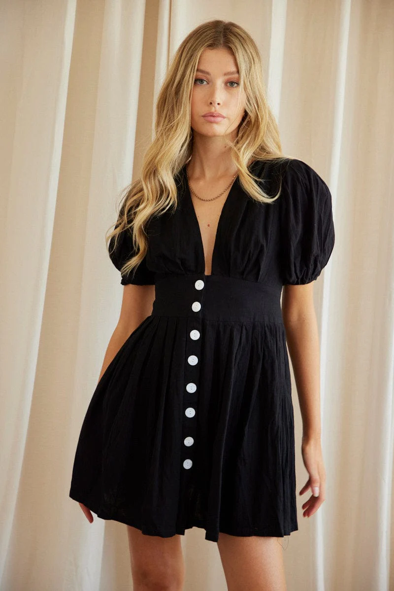 Black Fit And Flare Dress Short Sleeve V Neck - Image 3
