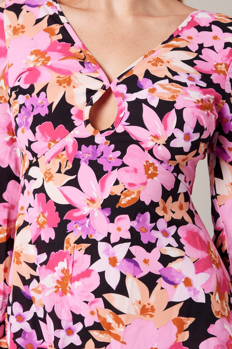 Black Floral Ballon Sleeve Dress Keyhole Swishy Skater Dress - Image 6