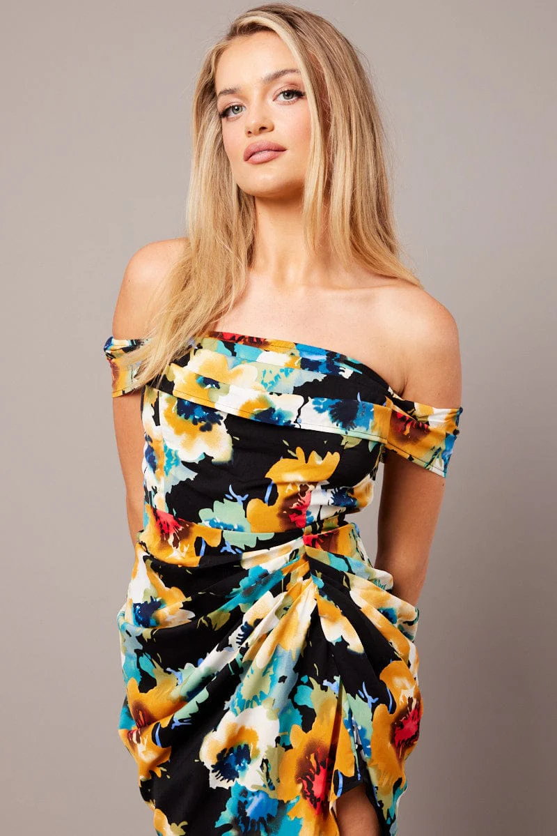 Black Floral Bardot Midi Dress Draped Off Shoulder Dress - Image 2