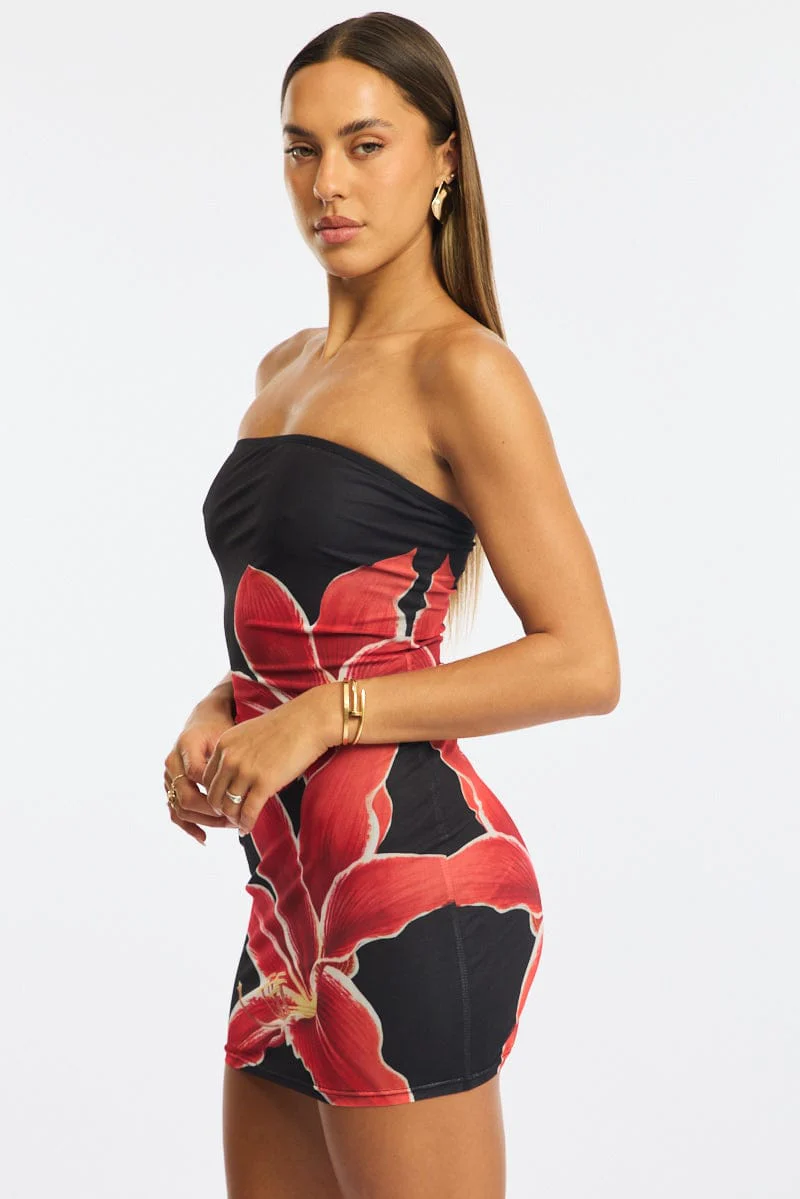 Black Floral Bodycon Dress Mini - Image 3