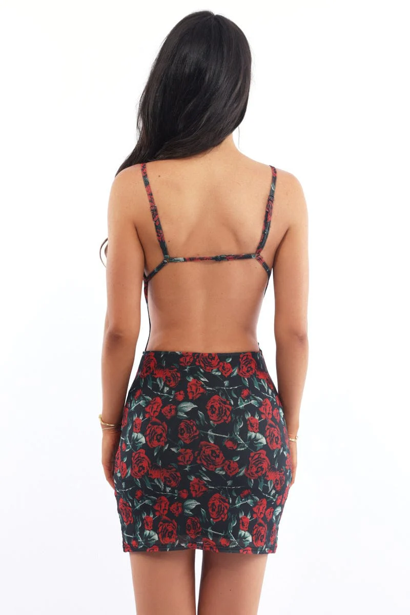 Black Floral Bodycon Dress Mini Mesh - Image 4