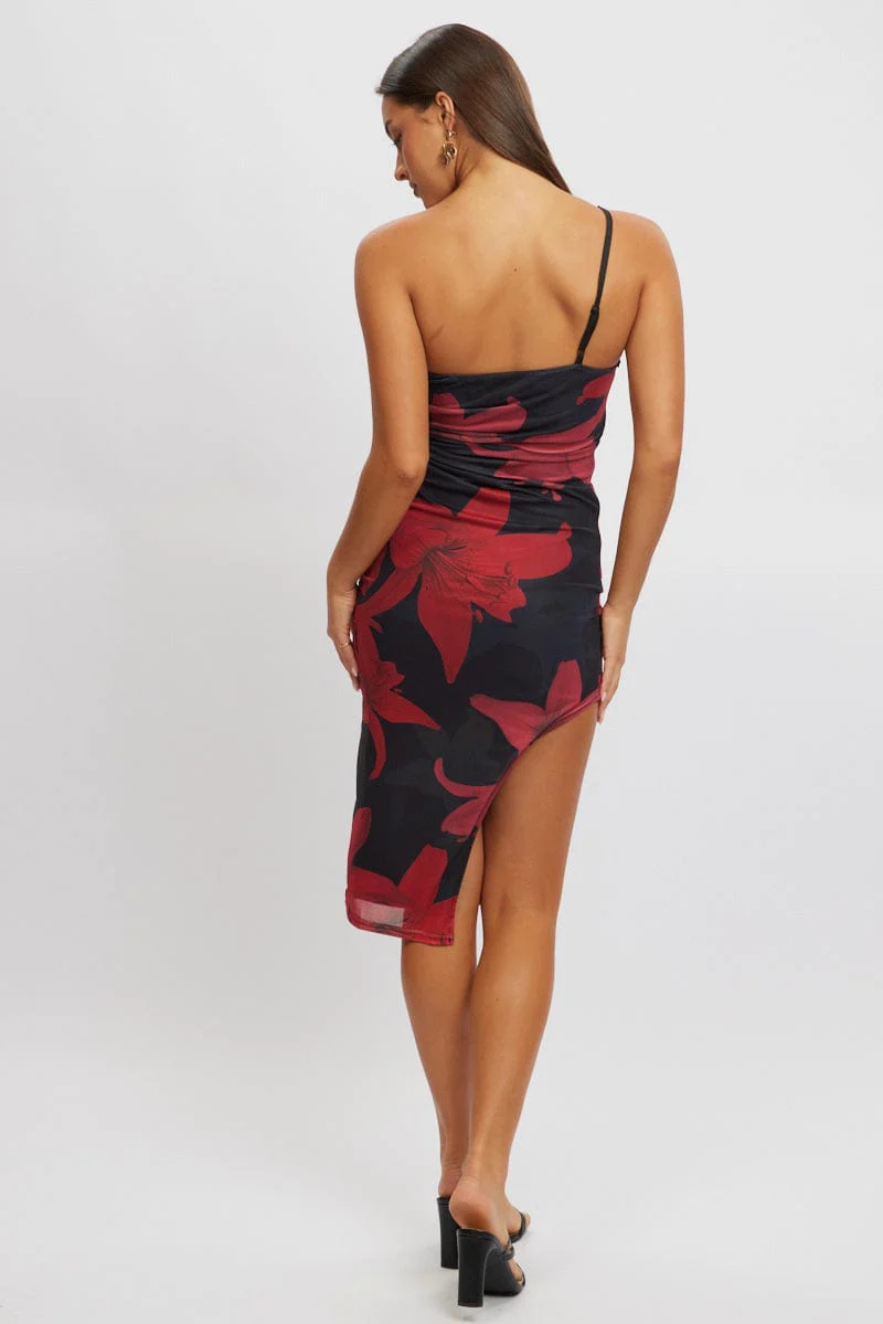 Black Floral Bodycon Dress One Shoulder - Image 4