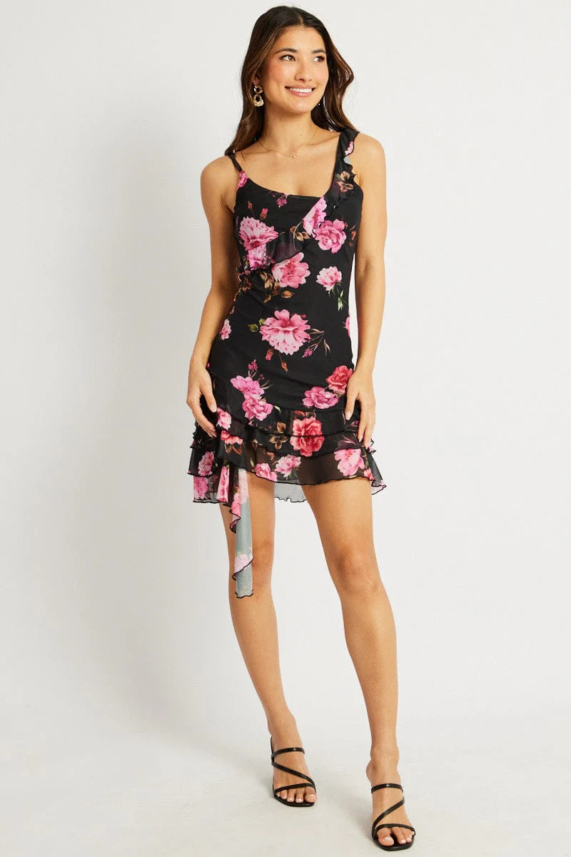 Black Floral Bodycon Dress Ruffle Hem Mini Mesh - Image 2